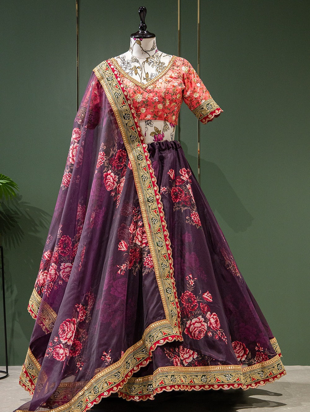 Silk Organza Lehenga With a Fine Play of Geometric Lines and Reef