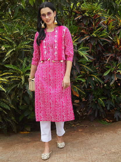 Reyon Cotton Kurti With Pant and Jacket With Mirror Work