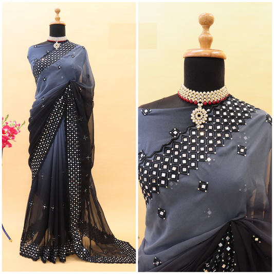 Soft Georgette Saree With Embroidery Thread Work and Mirror Work