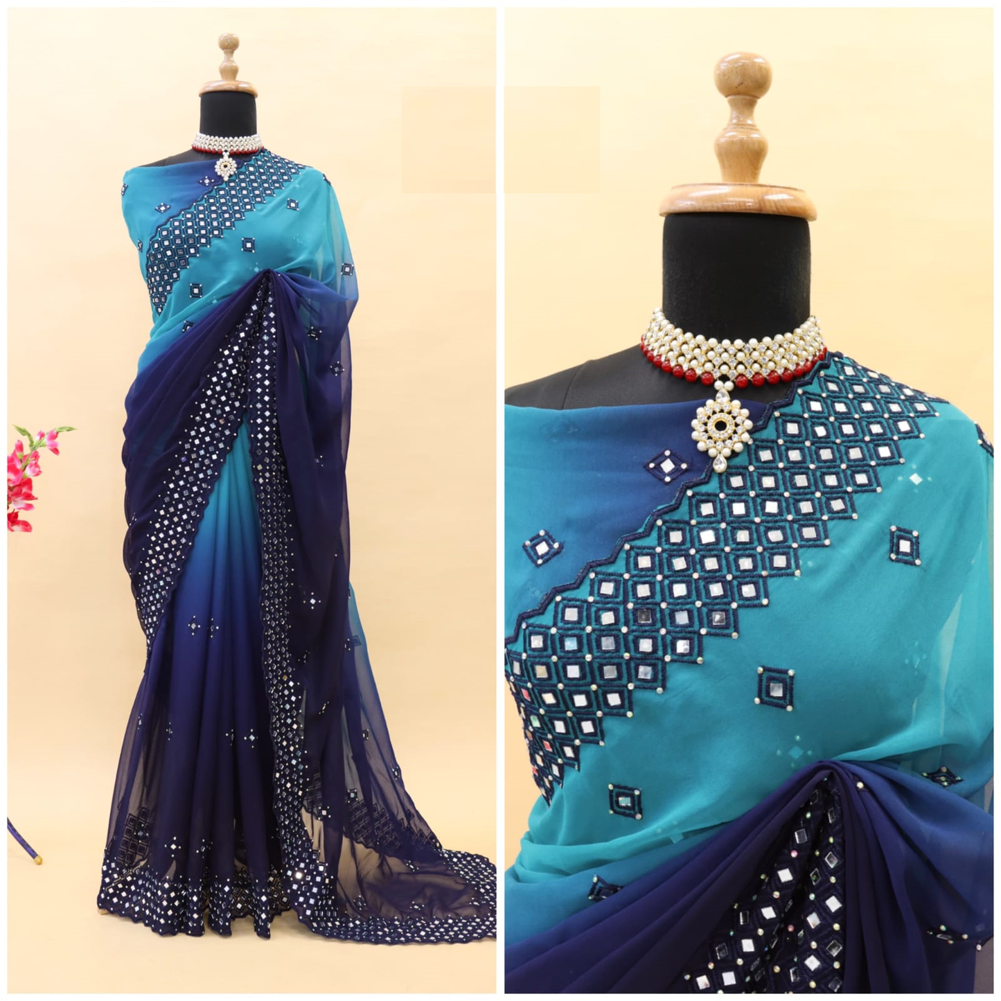 Soft Georgette Saree With Embroidery Thread Work and Mirror Work