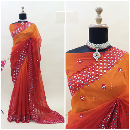 Soft Georgette Saree With Embroidery Thread Work and Mirror Work