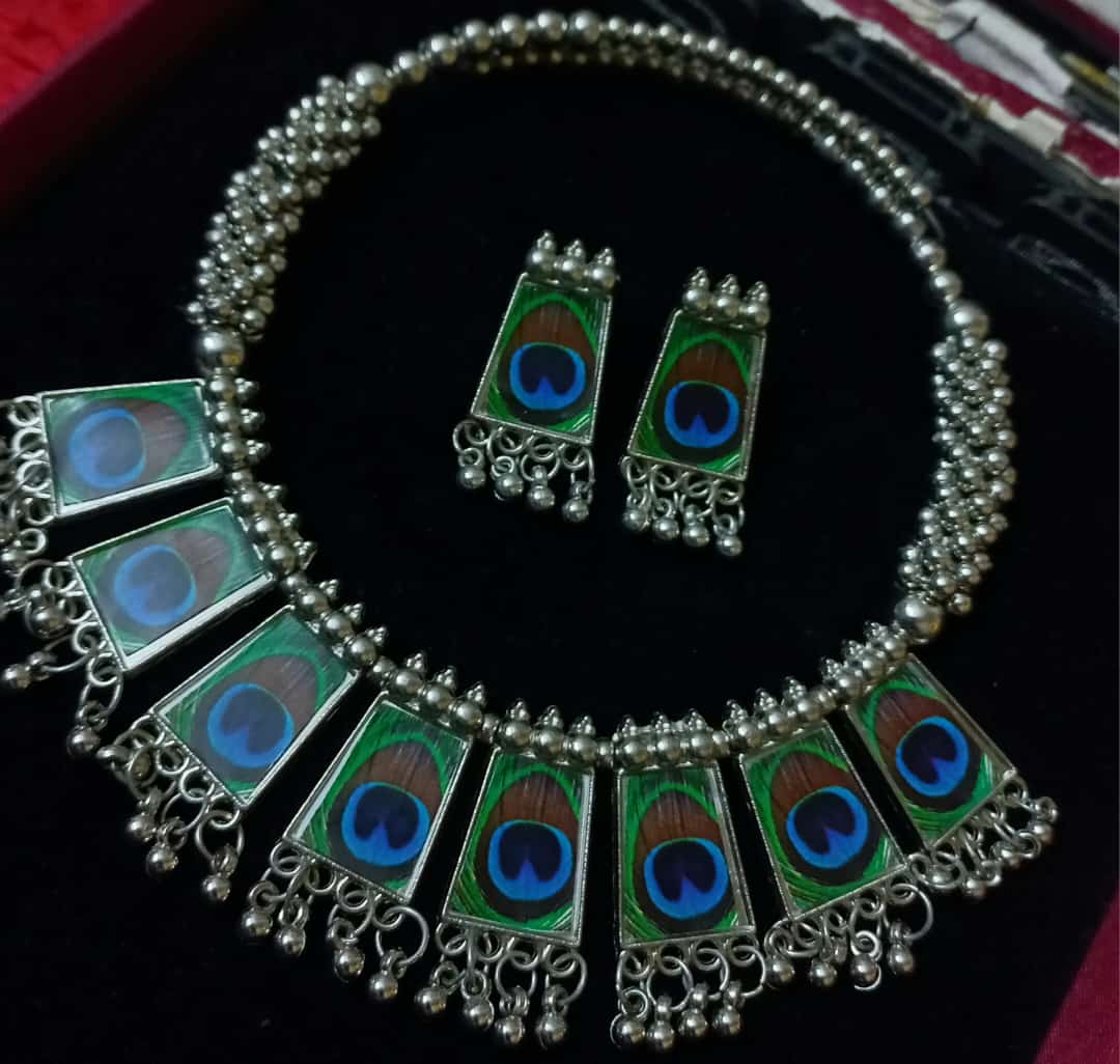 Beautiful Peacock Pattern Oxidised Necklace Set