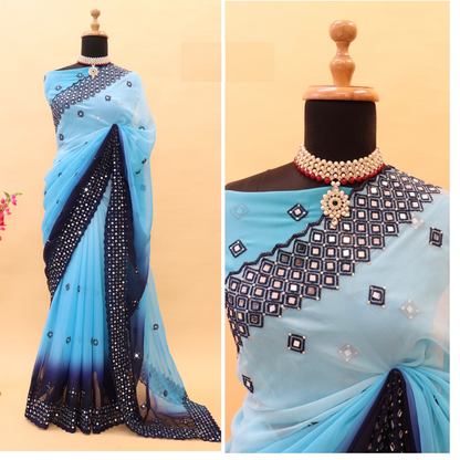 Soft Georgette Saree With Embroidery Thread Work and Mirror Work