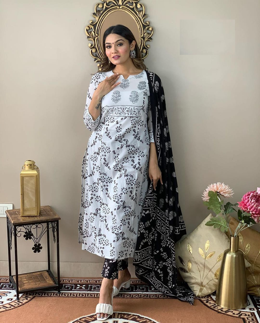 Black and White Reyon Kurti and Pant With Mul Mul Cotton Dupatta