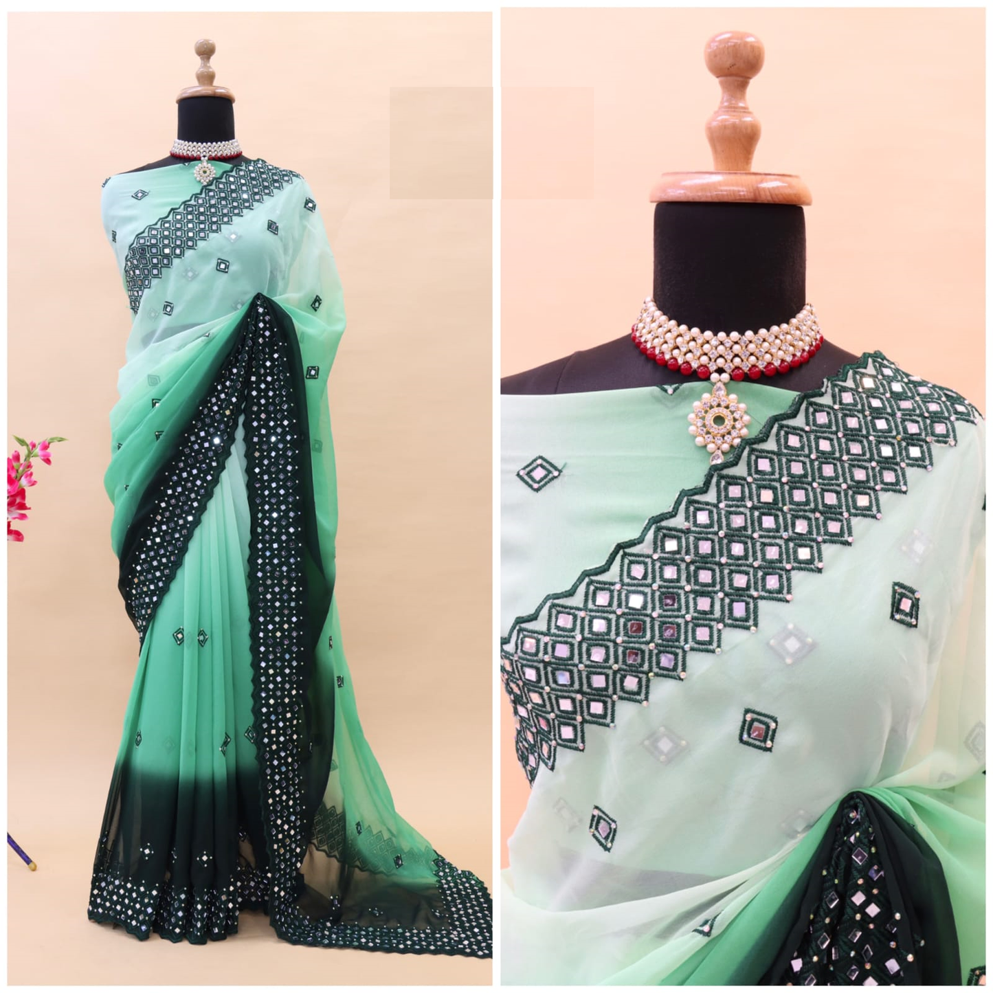 Soft Georgette Saree With Embroidery Thread Work and Mirror Work