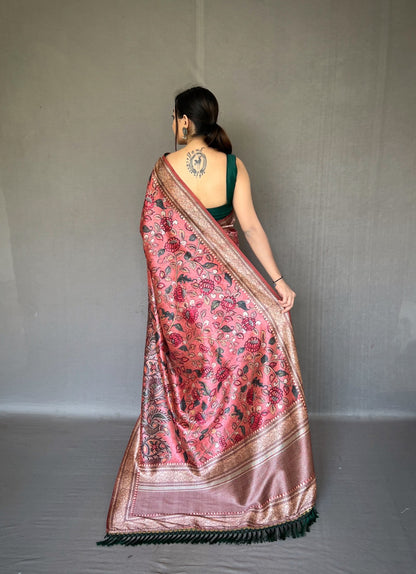 Soft Silk Saree With Kanchivaram Kalamkari Fusion Print