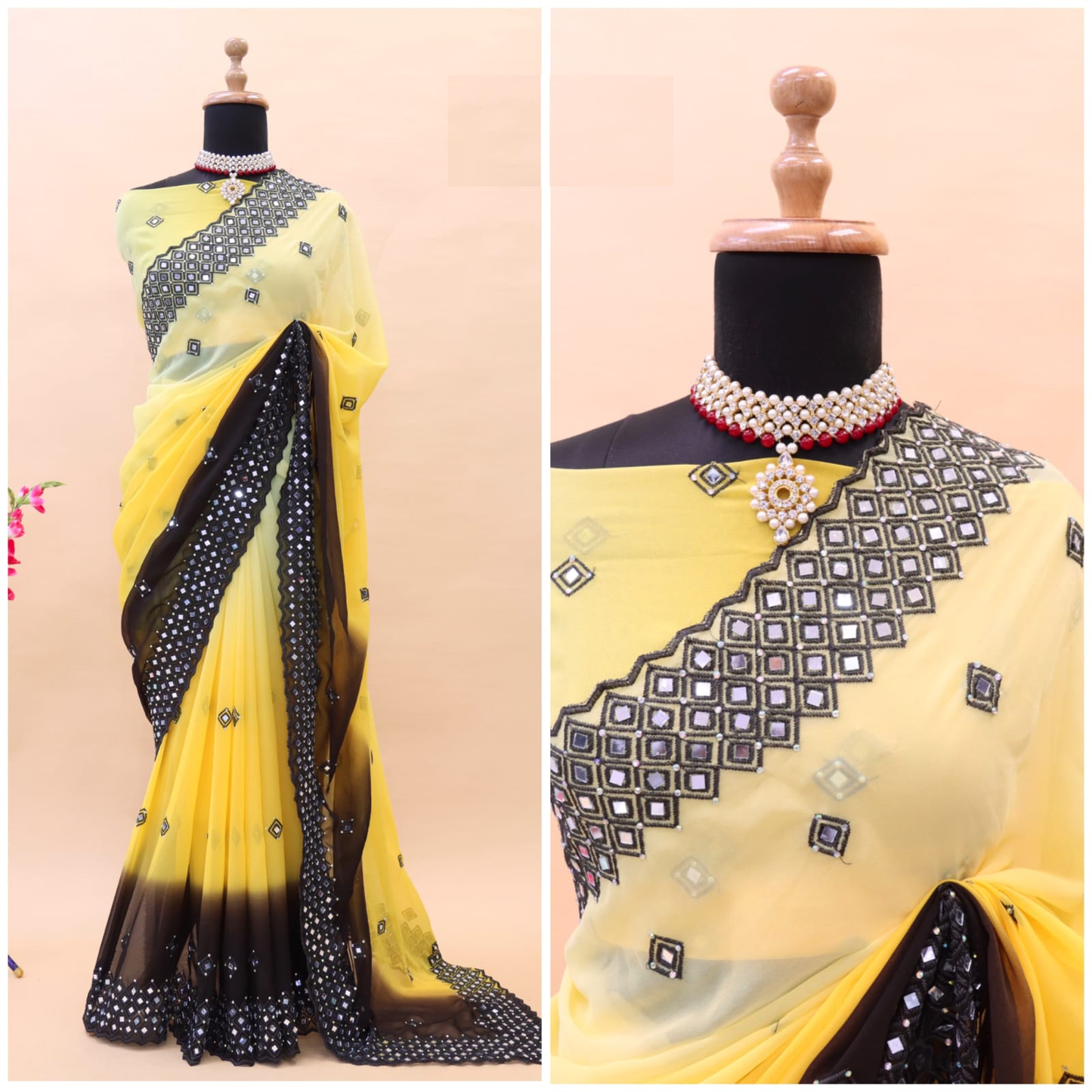 Soft Georgette Saree With Embroidery Thread Work and Mirror Work