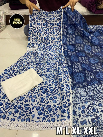 White and Blue Dabu Print Cotton Kurti Set