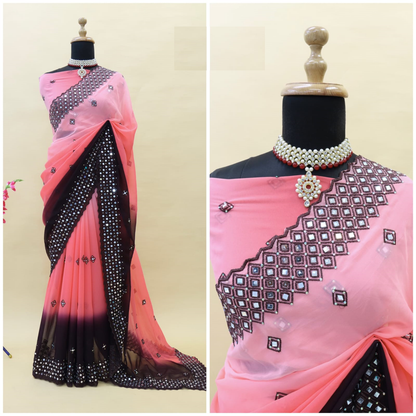 Soft Georgette Saree With Embroidery Thread Work and Mirror Work