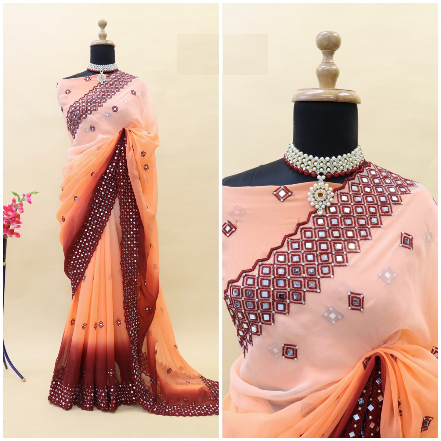 Soft Georgette Saree With Embroidery Thread Work and Mirror Work