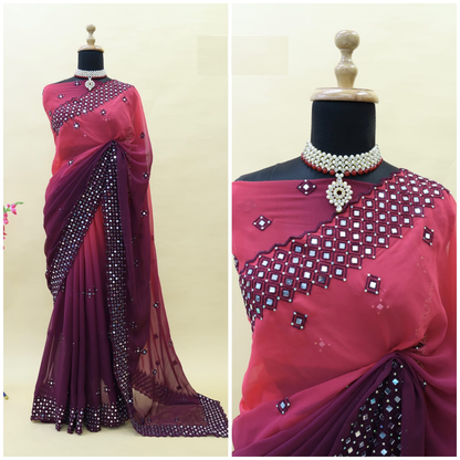 Soft Georgette Saree With Embroidery Thread Work and Mirror Work