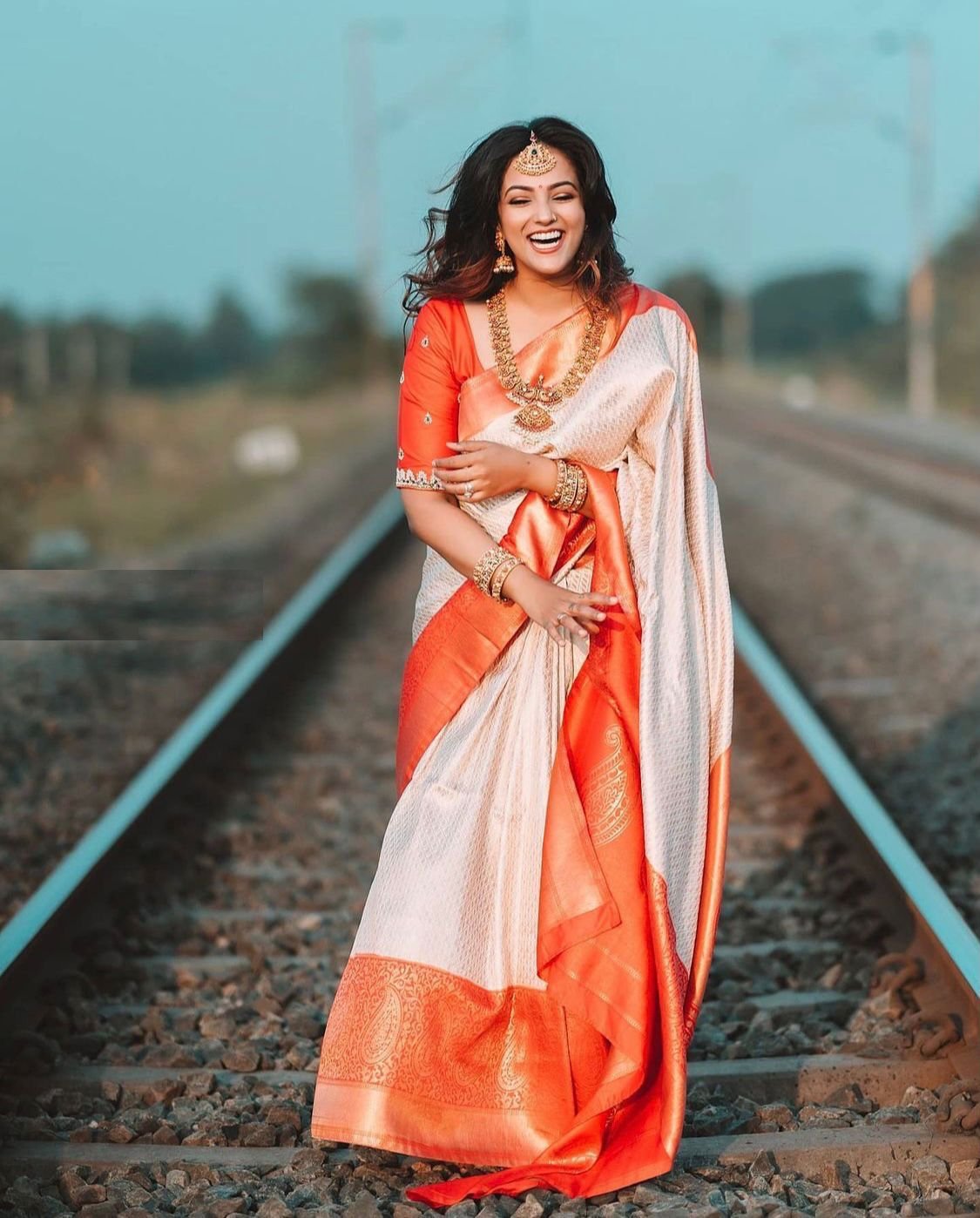 White With Orange Soft Lichi Silk Saree With Zari Weaving