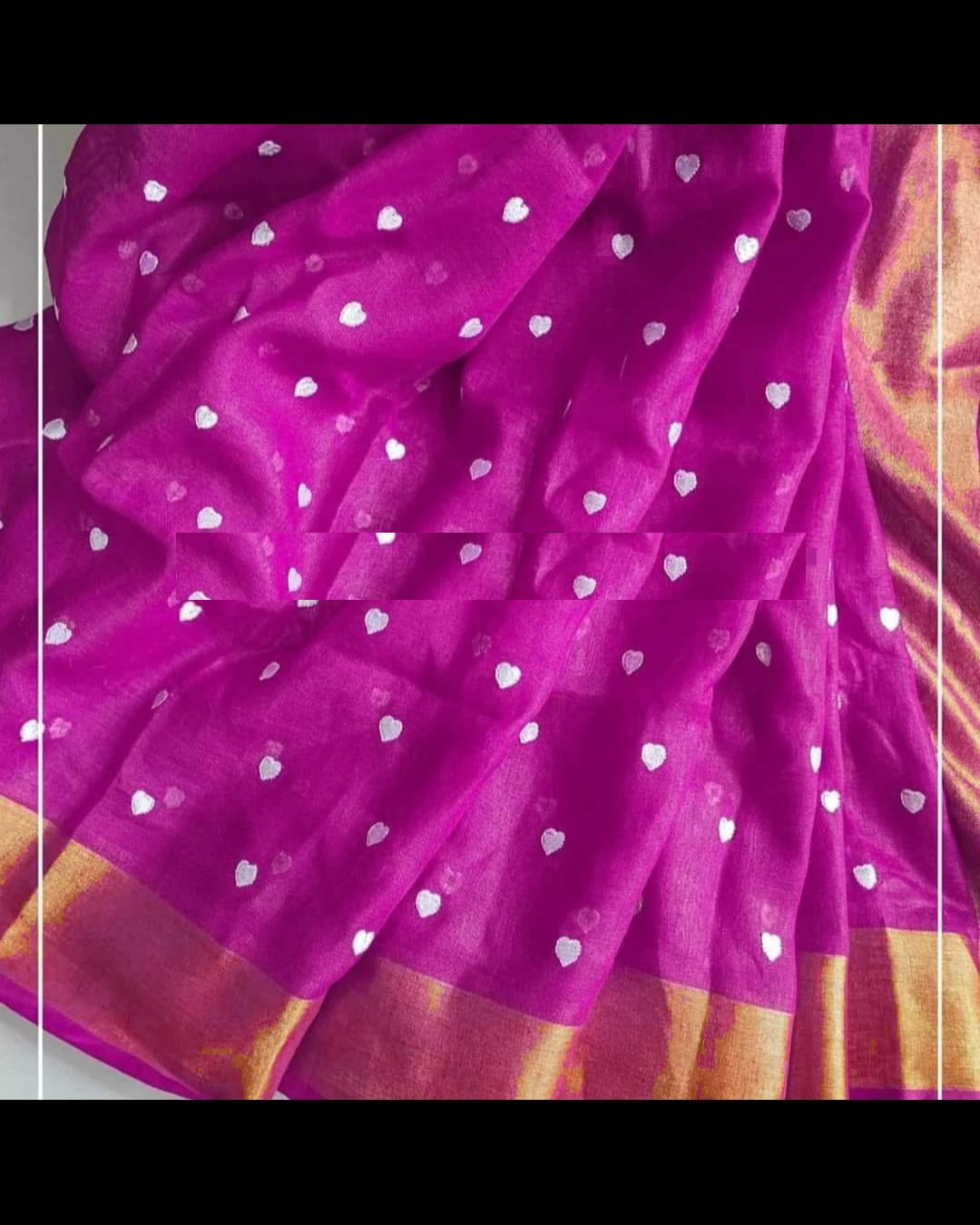 Soft Linen Saree With Embroidery Work and Golden Border