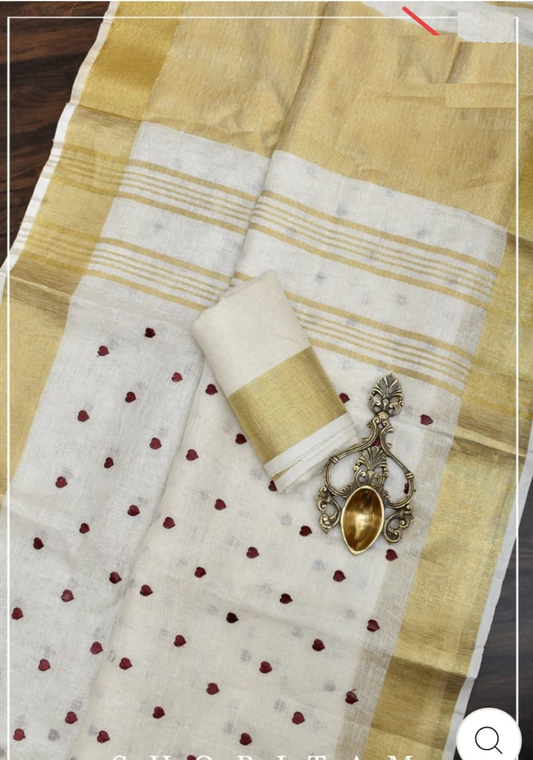 Soft Linen Saree With Embroidery Work and Golden Border