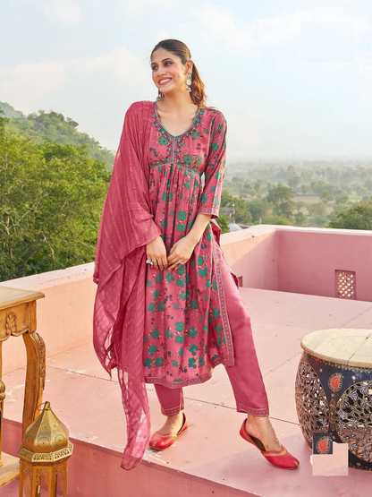 Soft Rayon Alia Cut Kurti Set With Foil and Embroidery Work