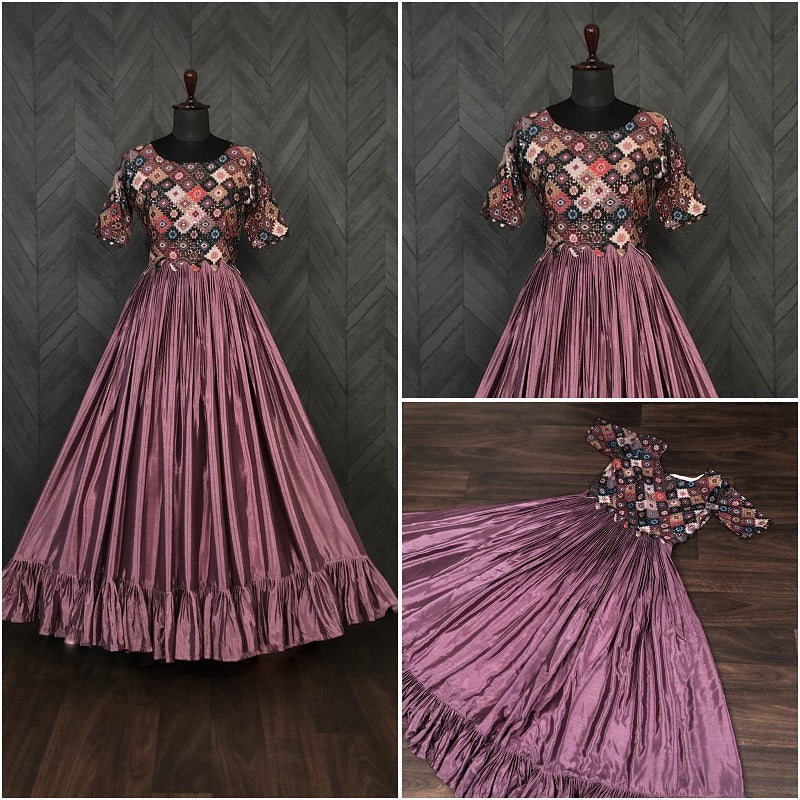 Wine Color Soft Chinnon Silk Designer Printed Gown