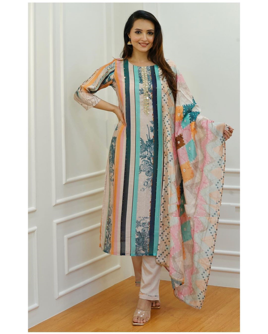 Soft Muslin Multi Color Sequence Kurti Set