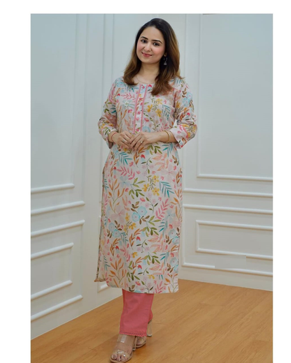 Soft Cotton White With Multi Color Kurta Set