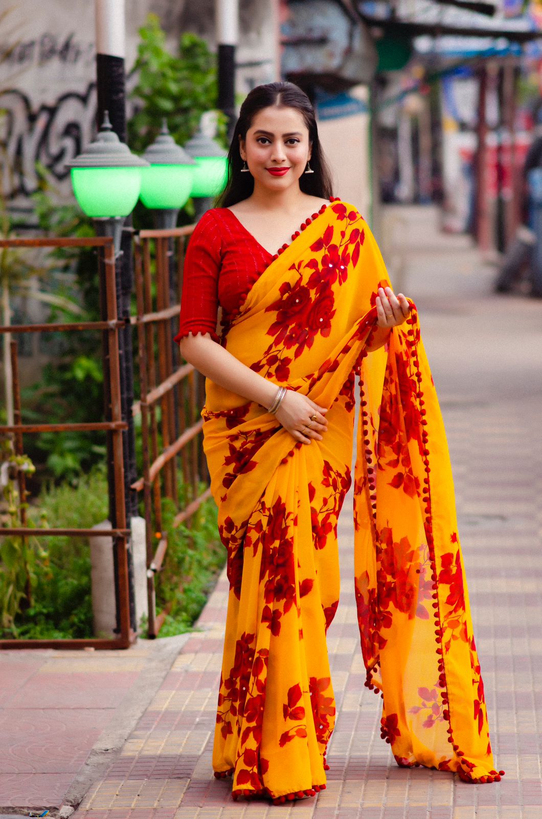 Yellow Floral Print Pre-Draped Sari Set | Drishti & Zahabia – KYNAH