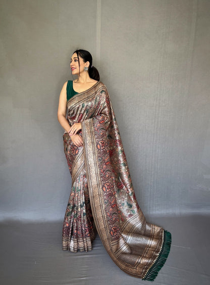 Soft Silk Saree With Kanchivaram Kalamkari Fusion Print