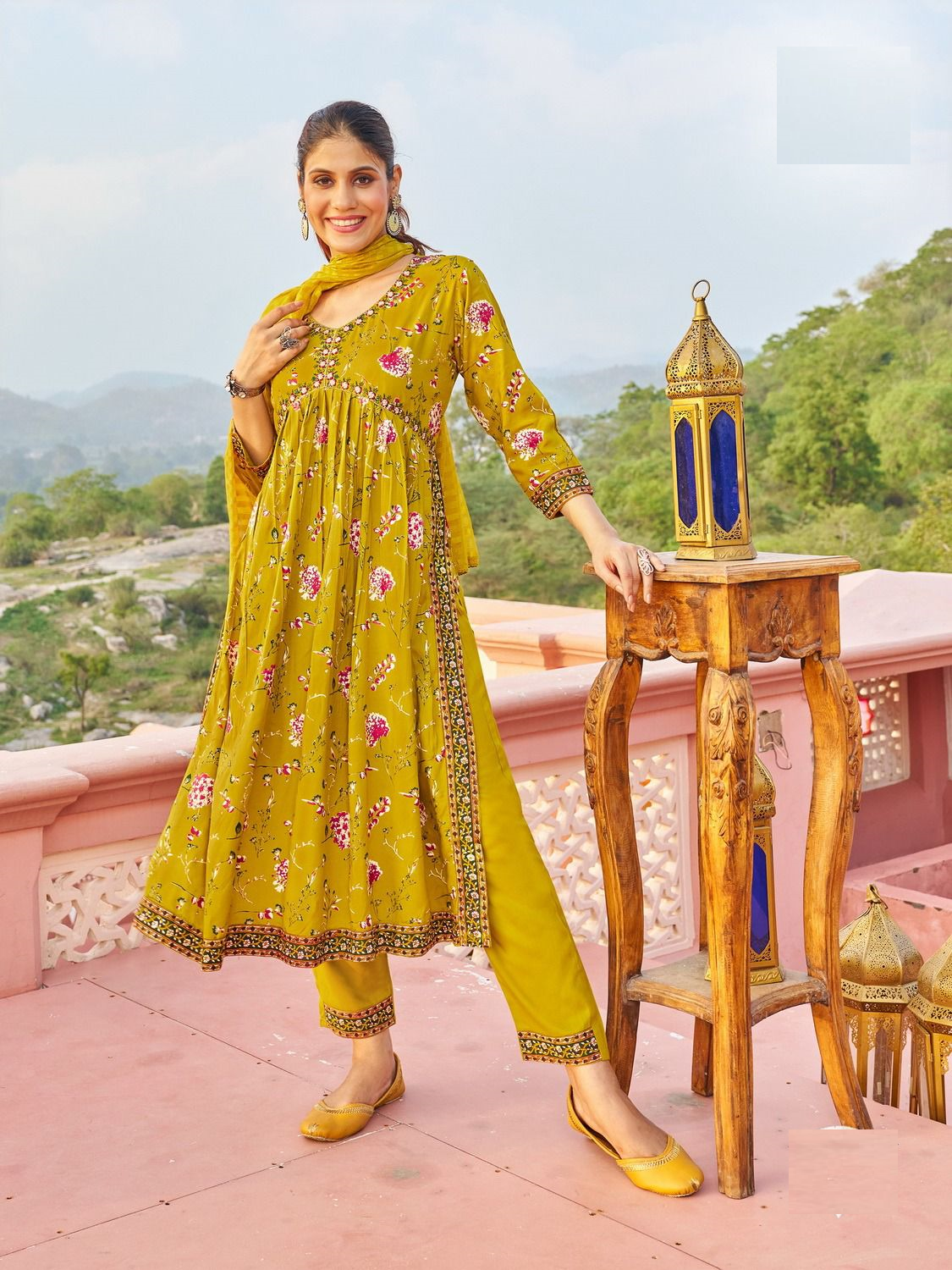 Soft Rayon Alia Cut Kurti Set With Foil and Embroidery Work