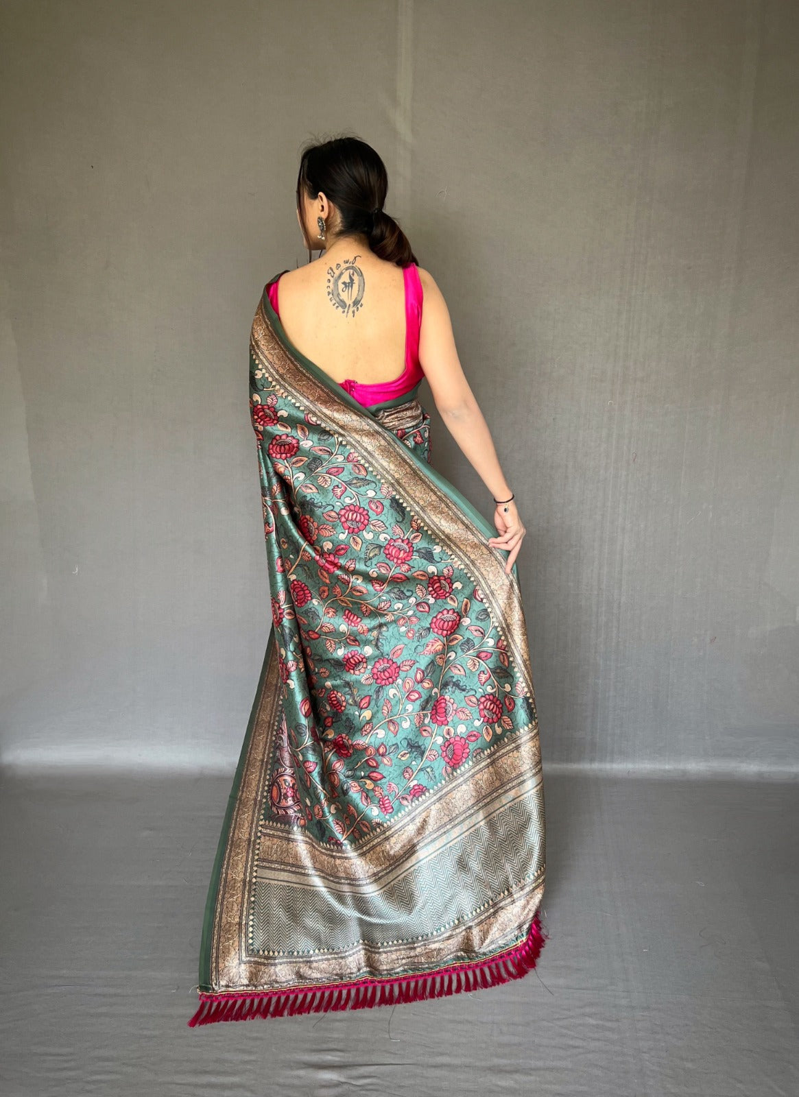 Soft Silk Saree With Kanchivaram Kalamkari Fusion Print