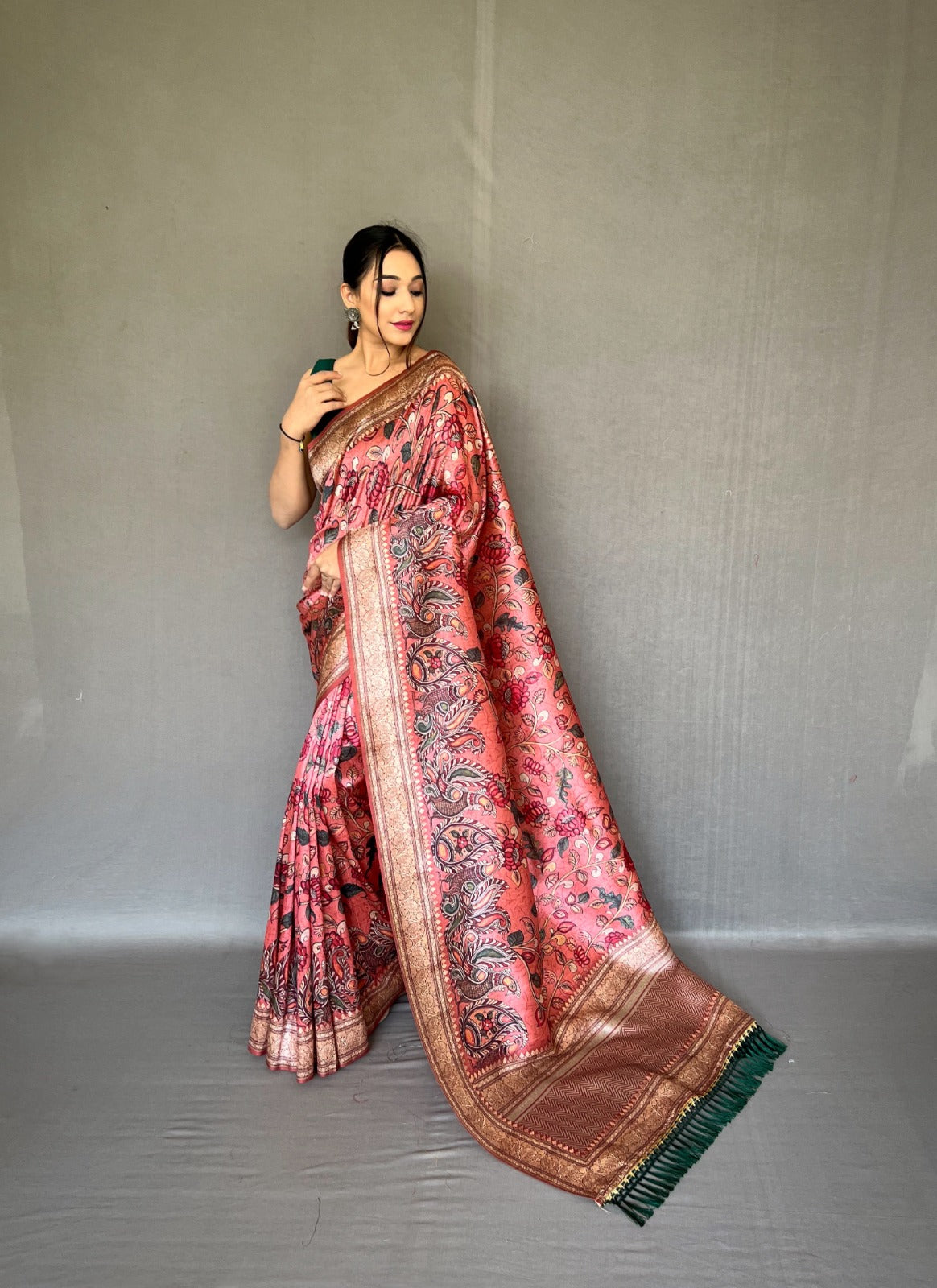 Soft Silk Saree With Kanchivaram Kalamkari Fusion Print