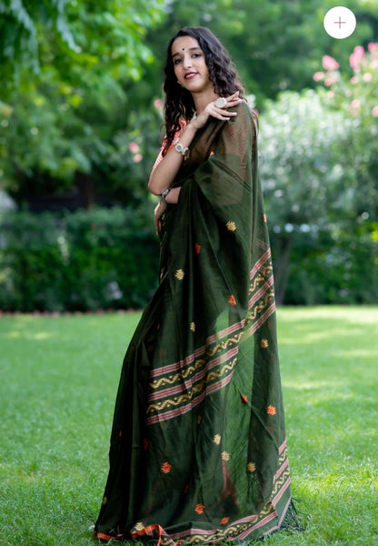 Bottle Green Soft Cotton Silk Saree With Ajarakh Print