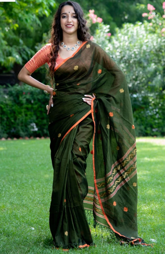 Bottle Green Soft Cotton Silk Saree With Ajarakh Print