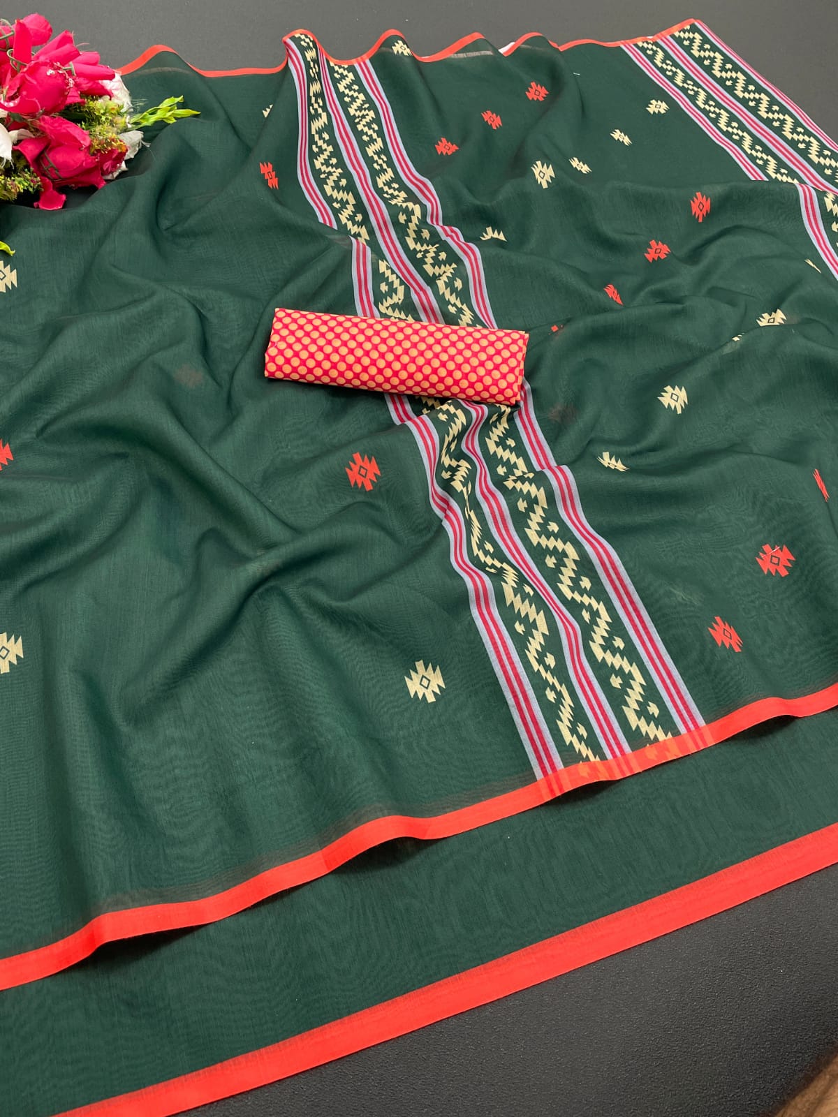 Bottle Green Soft Cotton Silk Saree With Ajarakh Print