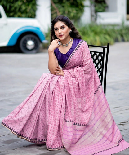 Baby Pink Soft Cotton SIlk Saree With Ajarakh Print