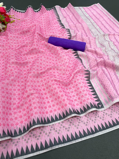 Baby Pink Soft Cotton SIlk Saree With Ajarakh Print