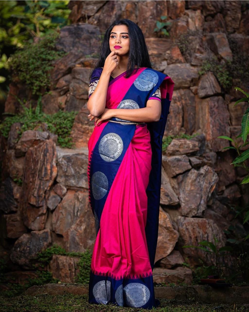 Pink With Blue Soft Banarsi Lichi Silk Saree