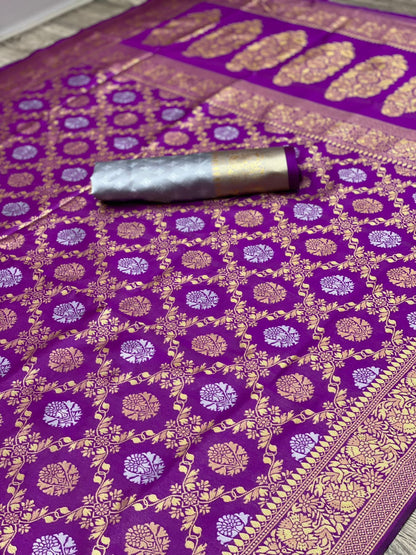 Violet Blue Soft Banarasi Lichi Silk Saree