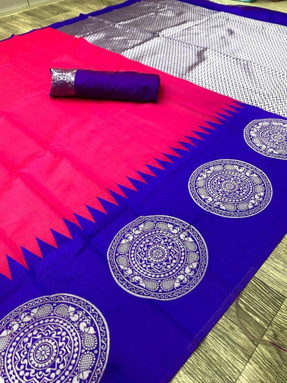 Pink With Blue Soft Banarsi Lichi Silk Saree