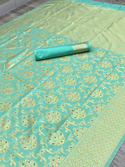 Sky Blue Soft Banarsi Silk Lichi Saree