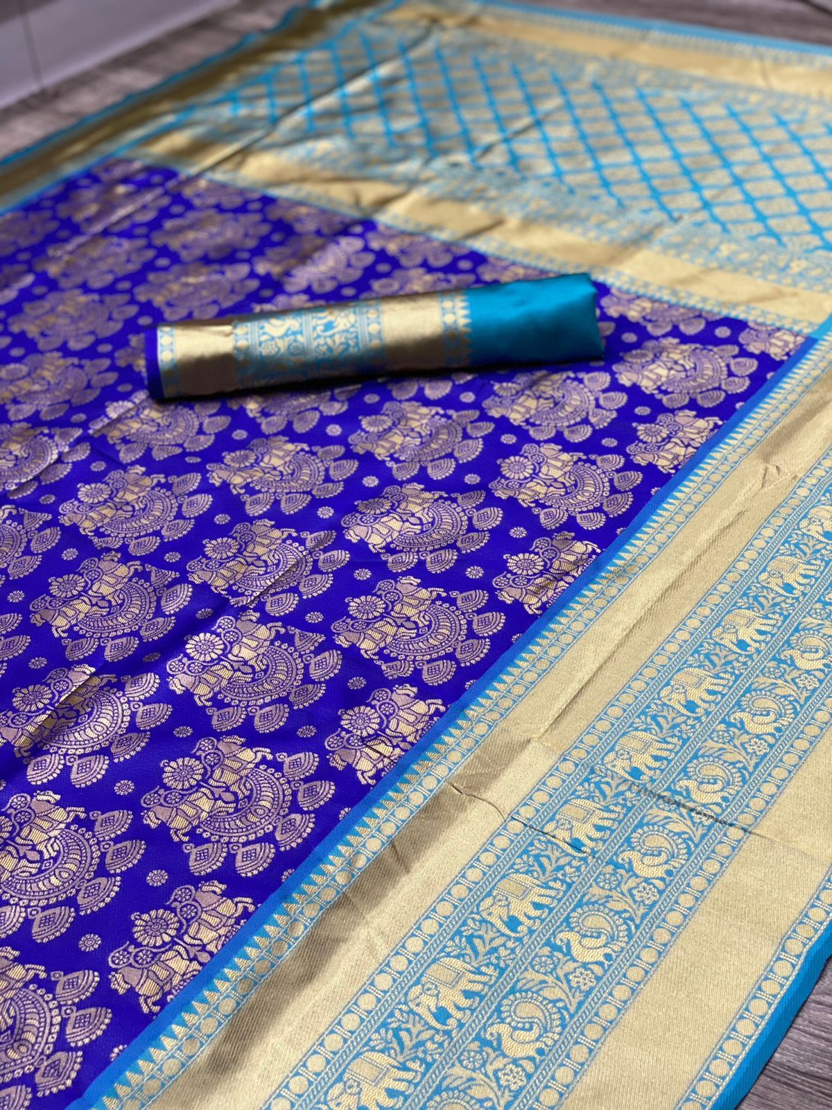 Blue Soft Banarsi Lichi Silk Saree