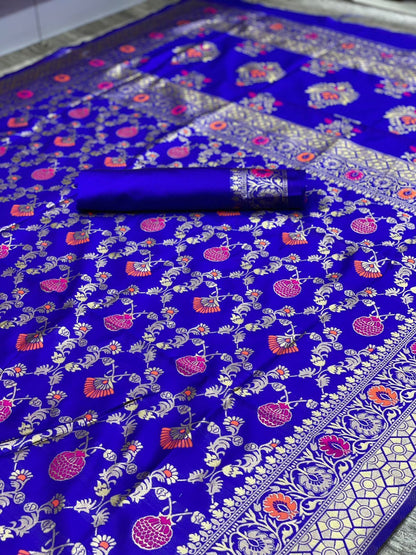 Royal Blue Soft Lichi Silk Banarsi Saree