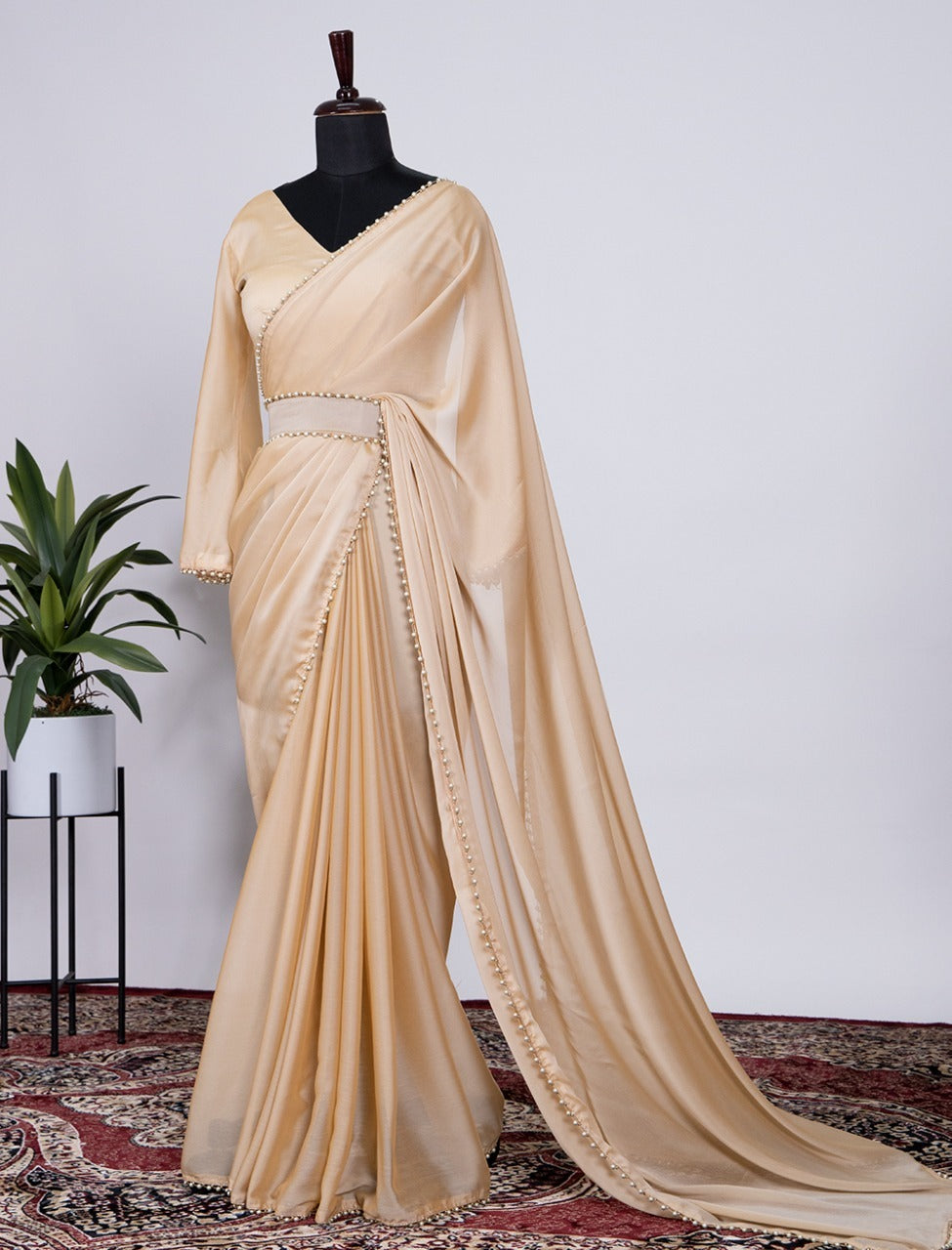 Soft Plain Satin Silk Saree With Pearl Lace Border