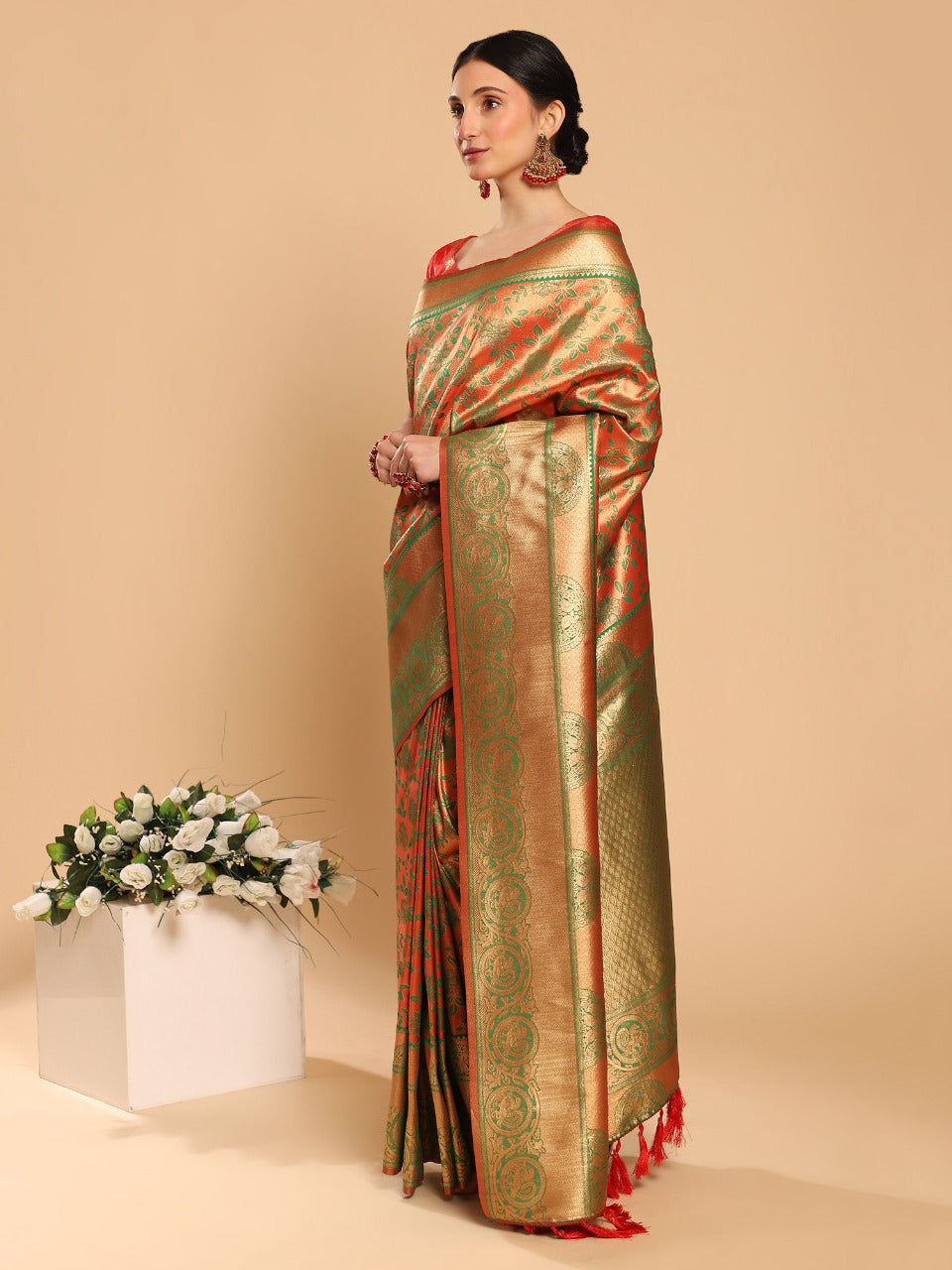 Soft Kanjivaram Silk Saree With Copper Zari Work With Sequence