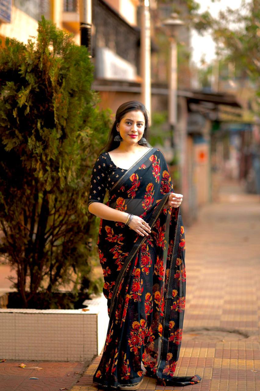 Soft Georgette Saree With Dark Ground and Multicolour Floral Prints