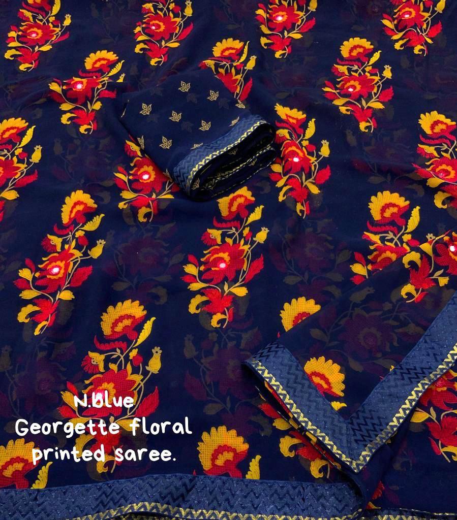 Soft Georgette Saree With Dark Ground and Multicolour Floral Prints
