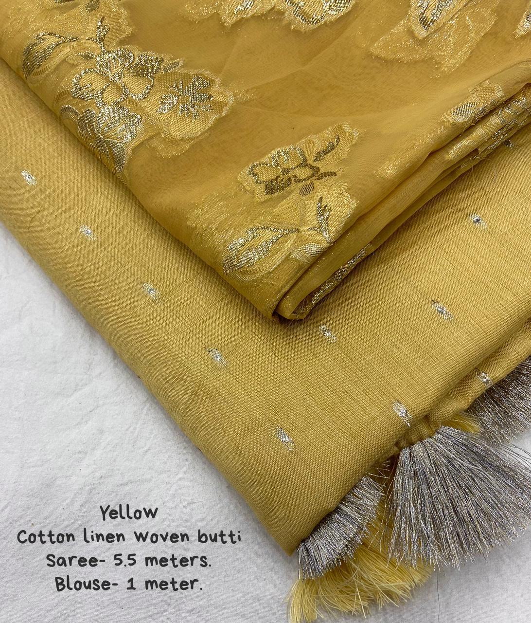Soft Cotton Linen Saree With Allover Woven Butti And Cotton Tassels On Pallu