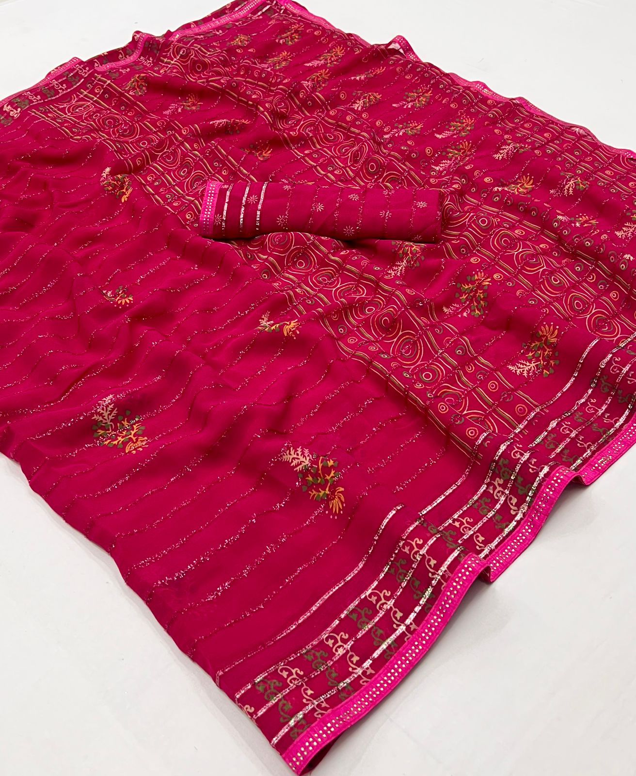 Soft Georgette Saree With Flower Mill Print and Fancy Furr Work