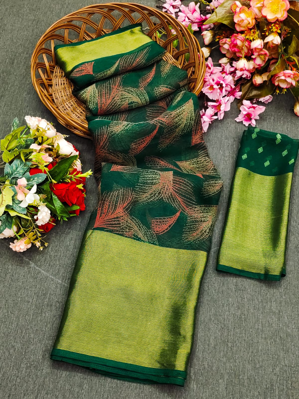 Soft Moss Chiffon Saree With Golden Zari Weaving