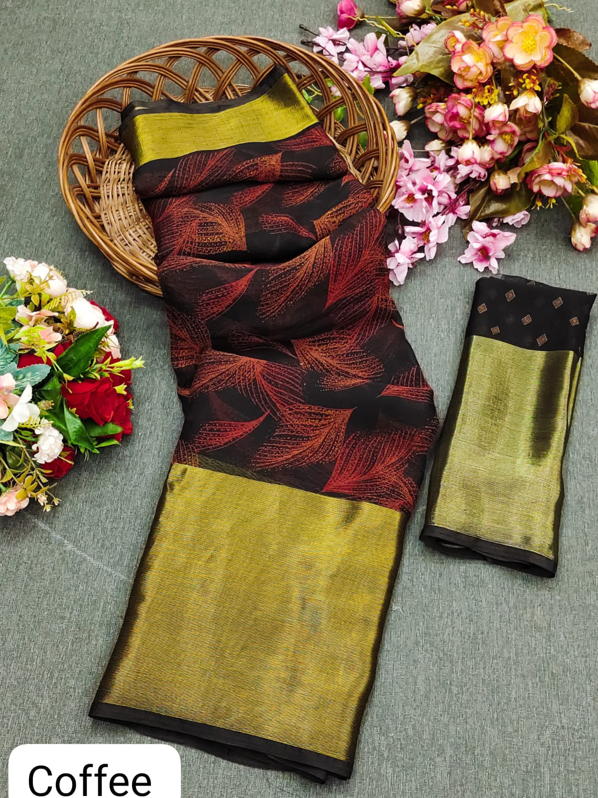 Soft Moss Chiffon Saree With Golden Zari Weaving