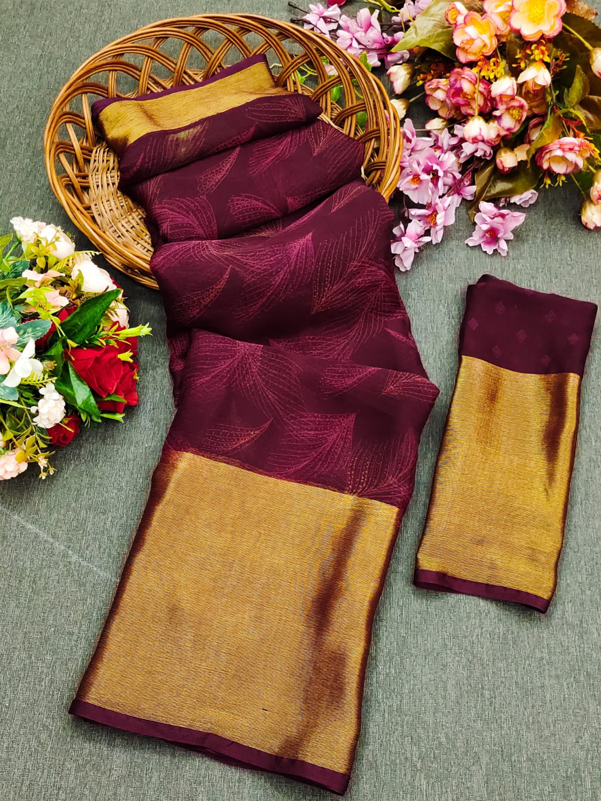 Soft Moss Chiffon Saree With Golden Zari Weaving