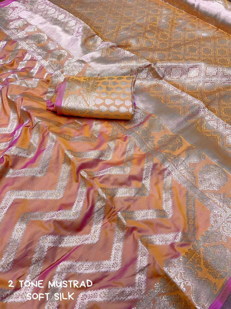 Soft Silk Banarasi Saree With Zari Woven Zigzag Design