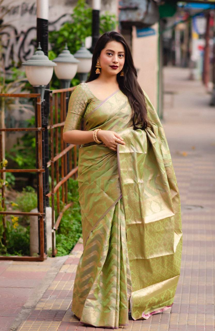 Soft Silk Banarasi Saree With Zari Woven Zigzag Design