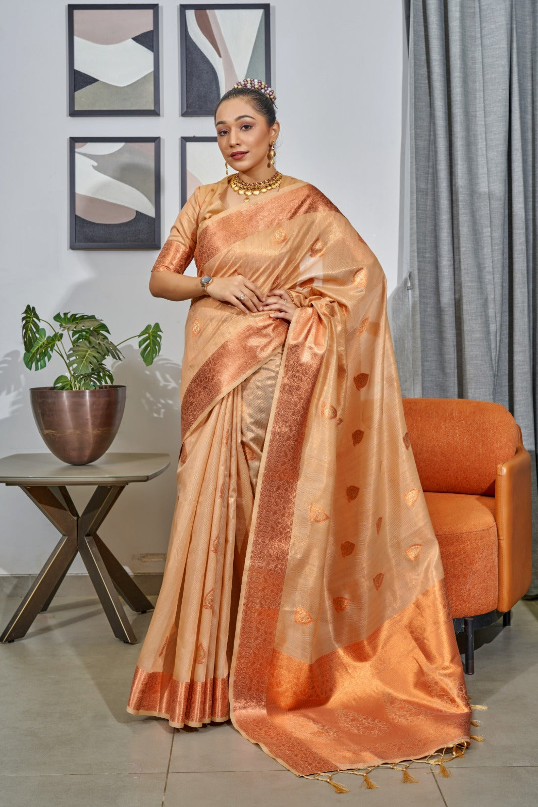 Soft Tissue Silk Saree With Copper and Gold and Silver Zari Work